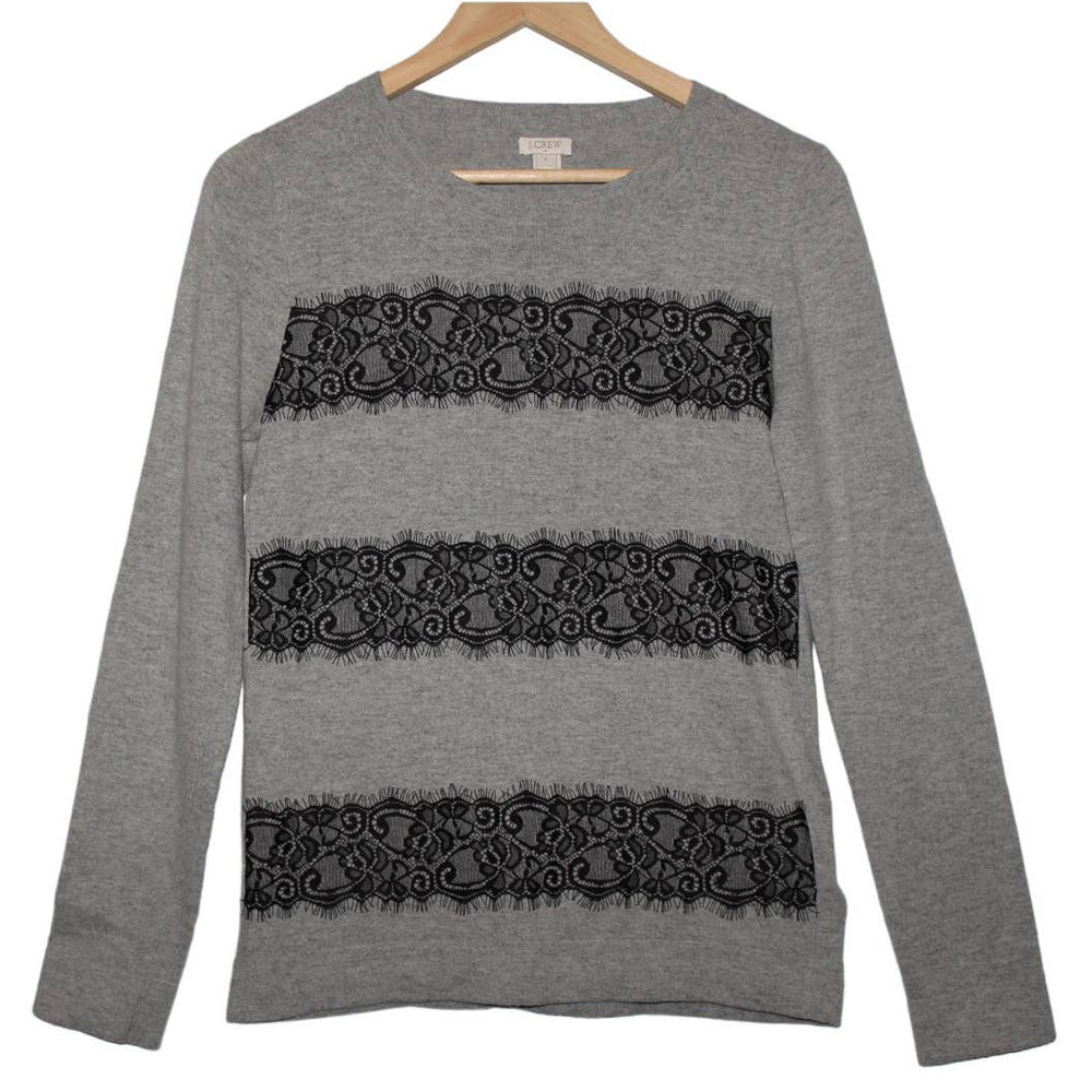 Women's J. Crew Striped Lace Teddie Merino Wool Sweater Gray Black Shirt Size S
